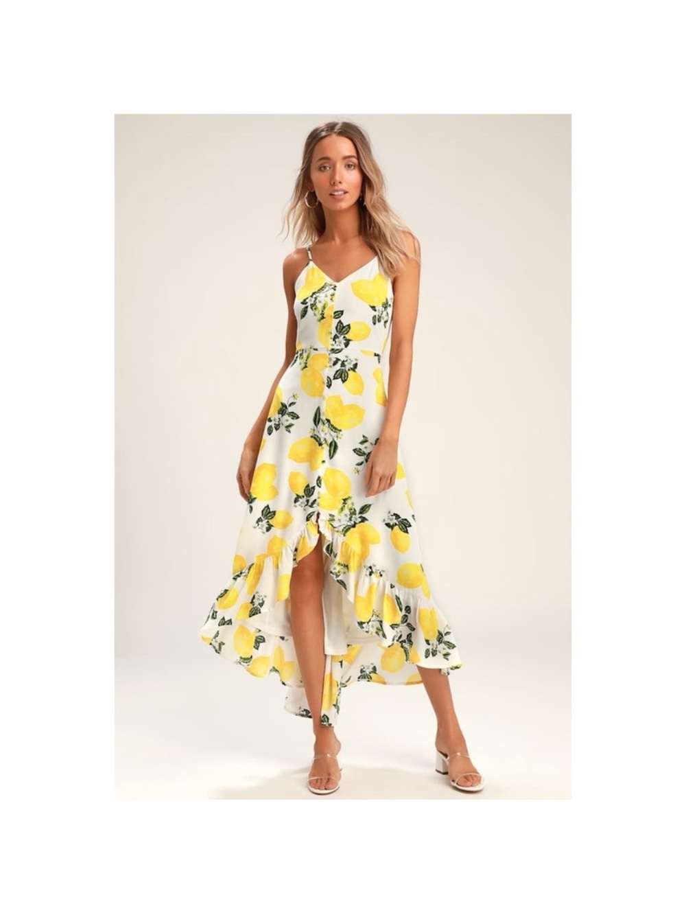Lulus Lemon Print White High-Low Summer Dress